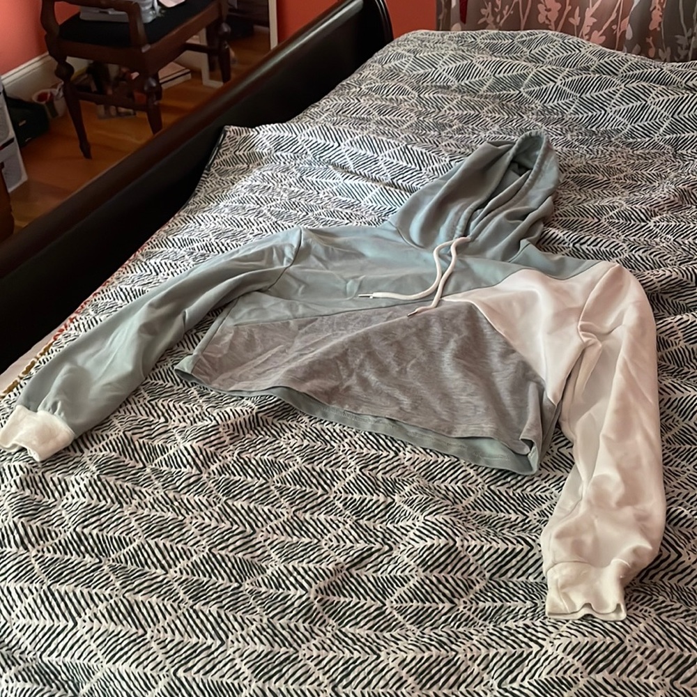 Shein teal grey and white crop top shirt with hood